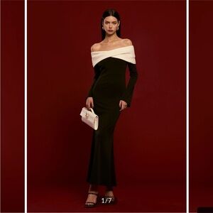 Commense Black Off-Shoulder Cocktail Gown. New with tags. Size S.